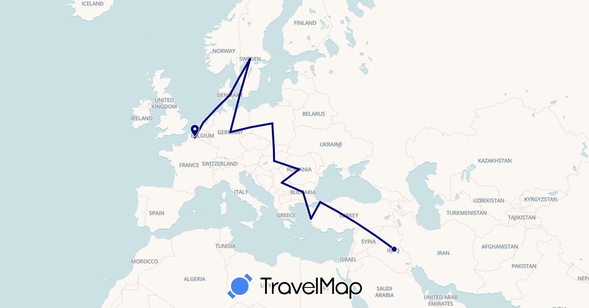 TravelMap itinerary: driving in Bulgaria, Germany, Denmark, France, Hungary, Iraq, Netherlands, Poland, Romania, Serbia, Sweden, Slovakia, Turkey (Asia, Europe)